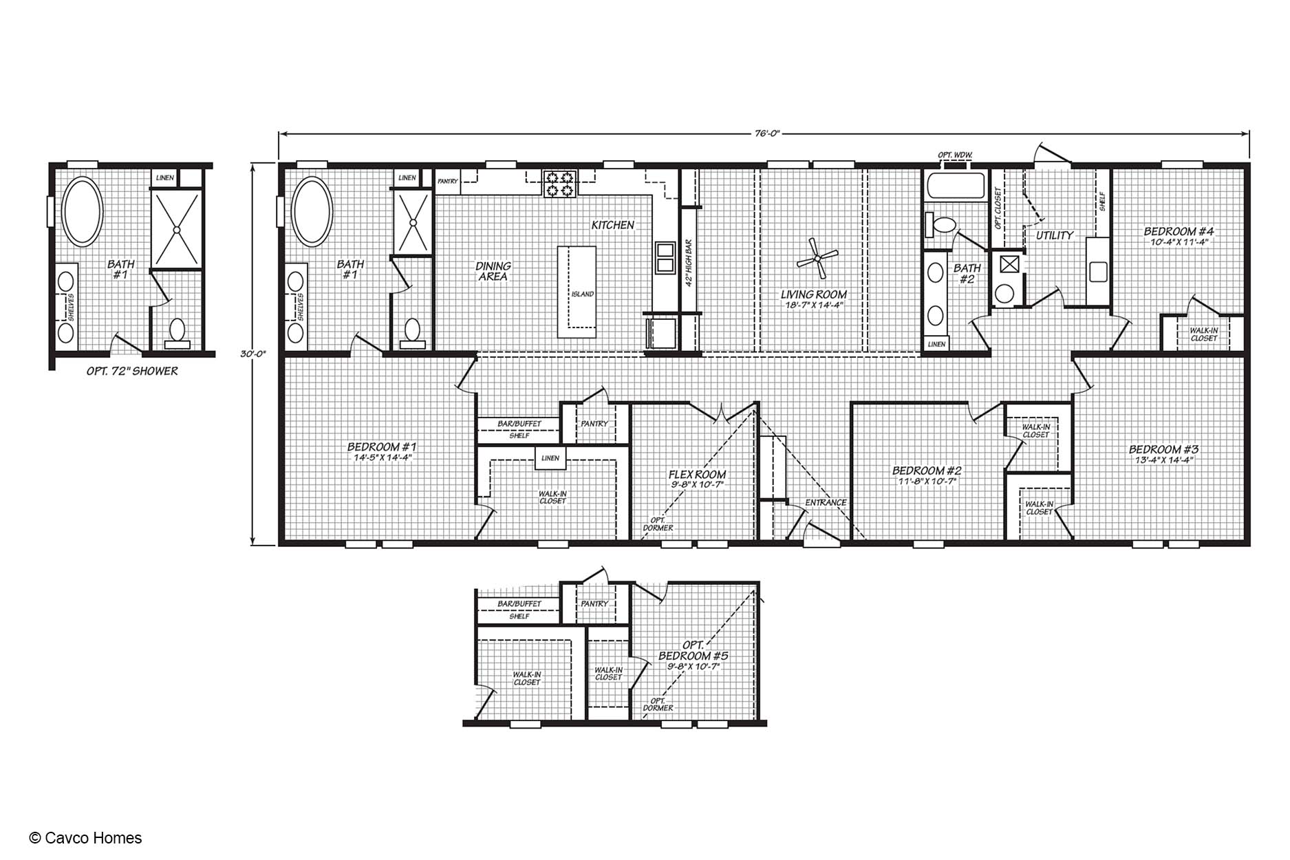 Black and white floor plan of a spacious manufactured home featuring six bedrooms, three bathrooms, kitchen, dining, living area, and utility room.